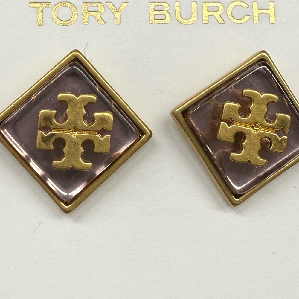Tory Burch Gold and Pearlesque Lavender Square Earrings - Picture 3 of 4